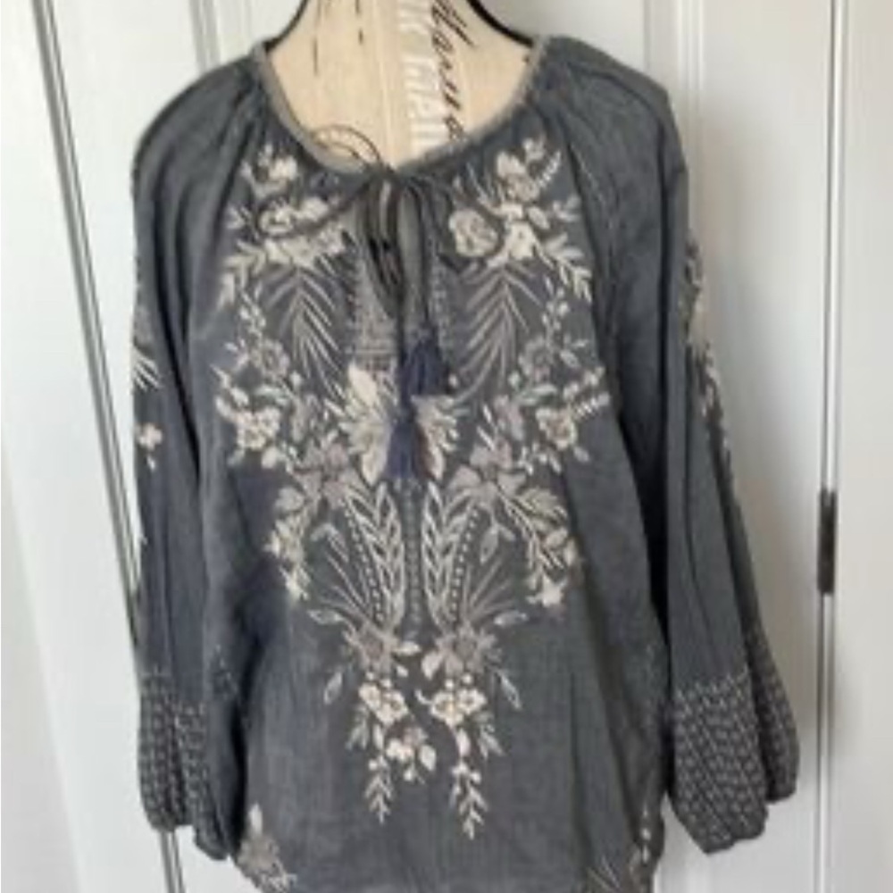 Johnny Was Charcoal Embroidered Blouse